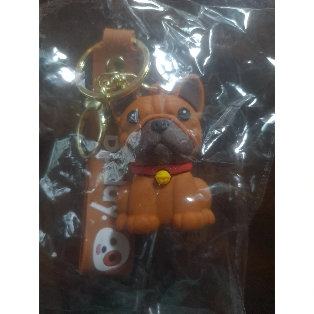Pug Cartoon Dog Brown With Dark Brown Ears PVC Keychain Backpack Clip Keyring